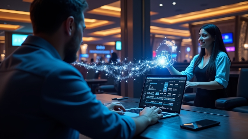 Bitcoin transfer from a wallet to a casino cashier screen in a dark neon setting