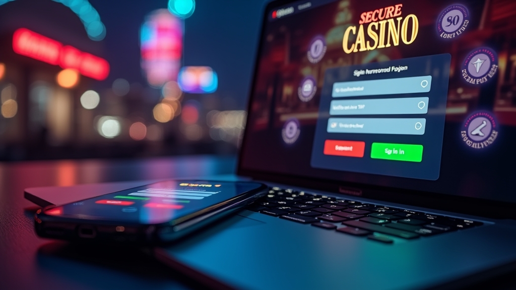 iPhone and Android phones beside a laptop with a casino login screen