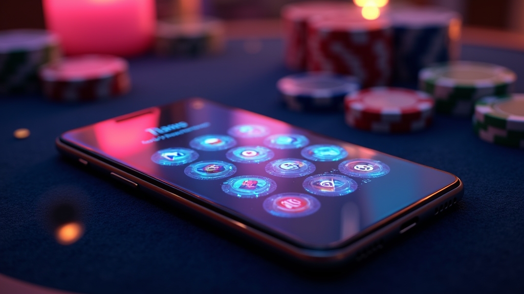 A smartphone with a casino app interface and feature icons in a dark neon setting