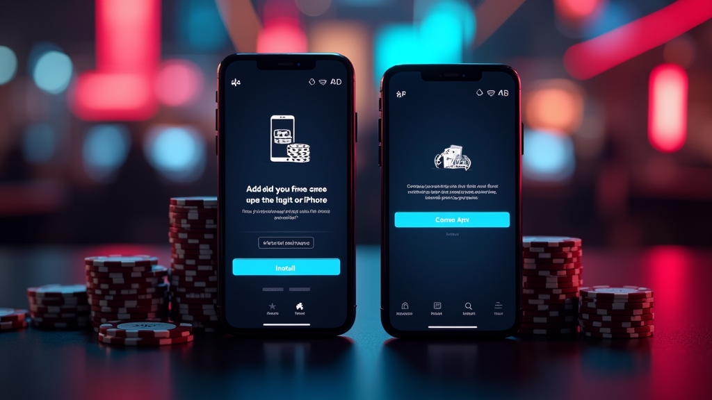 Two phones showing Android and iPhone installation prompts in a dark casino scene