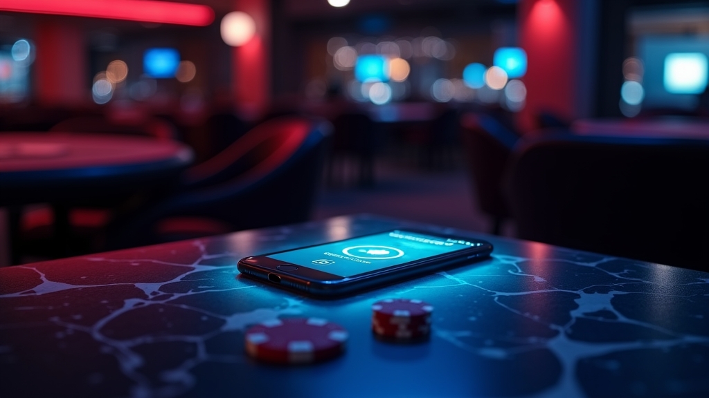 A glowing phone showing a mobile casino app download screen in a dark neon casino