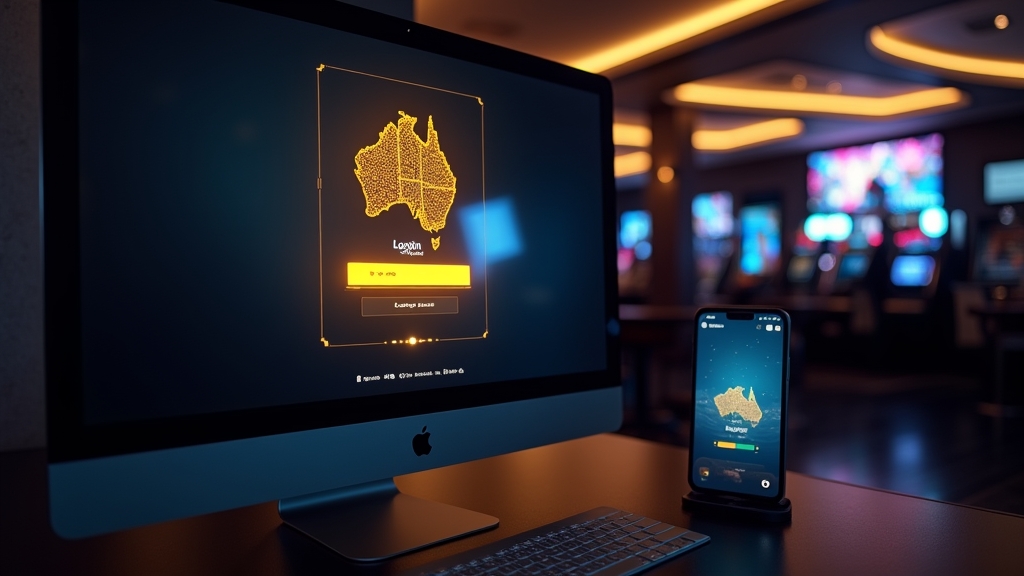Desktop and phone showing a casino login screen in a dark casino setting