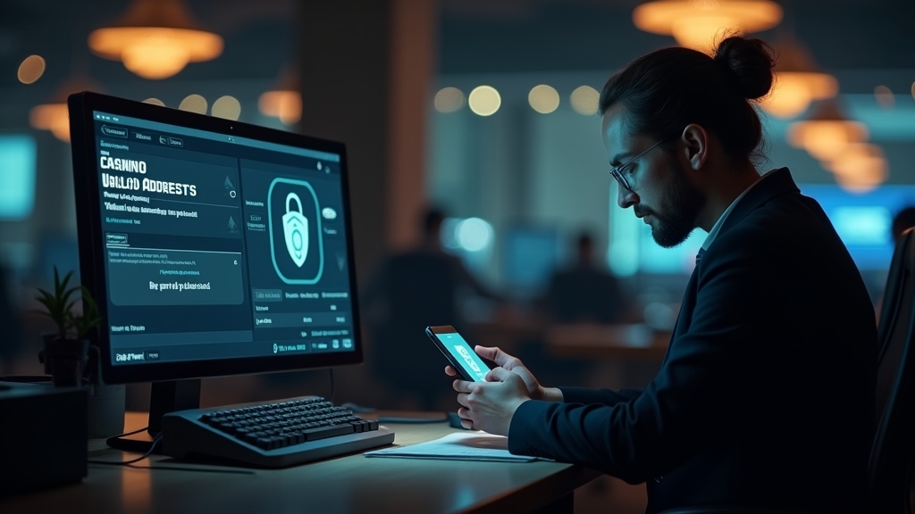 Player checking payment alerts and security details on a phone in a dark casino office
